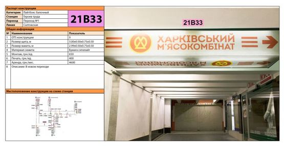 Фото рекламної площини за адресою Станция метро: Героев Труда, В новом переходе Фото рекламної площини за адресою Станция метро: Героев Труда, В новом переходе