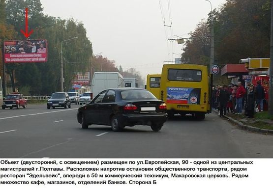 Фото рекламной плоскости по адресу г.Полтава,ул.Европейськая, 90,флажок, въезд в Полтаву с трассы Киев- Харьков