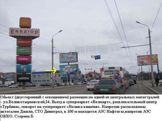 Фото рекламной плоскости по адресу г.Полтава,ул.Великотырновская 24, вьезд в супермаркет Велика кишеня,призматрон,