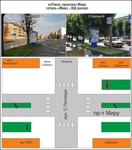 Фото рекламної площини за адресою перехрестя вул, пр-т Миру, вул. С. Петлюри біля світлофора