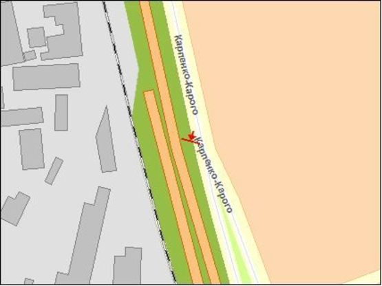 Схема рекламної площини за адресою Карпенка-Карого ул. / Сухомлинская ул., СТО Пежо, из центра