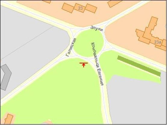 Схема рекламной плоскости по адресу Коновальца ул / Злуки ул, с Коновальца, левый, в центр Схема рекламной плоскости по адресу Коновальца ул / Злуки ул, с Коновальца, левый, в центр