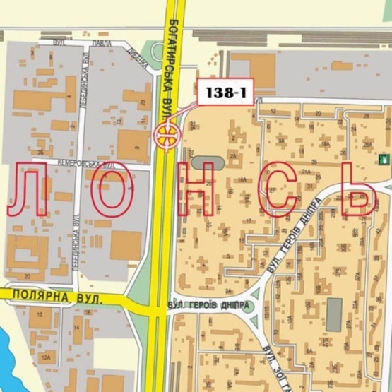 Схема рекламной плоскости по адресу Богатырская ул., на разделителе, въезд с Вышгорода (завод "Оболонь")