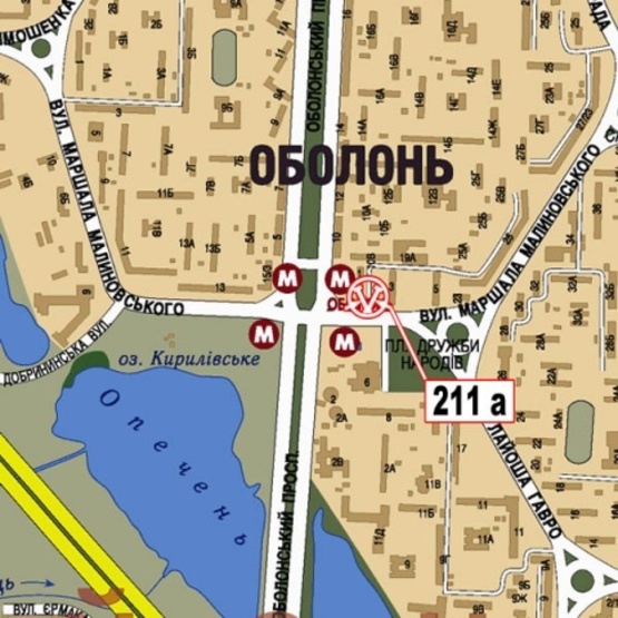 Схема рекламної площини за адресою Малиновского ул. - Оболонский просп. (ст. м.  Оболонь, супер-маркет "Велика кишеня", семейный центр "Дивосвіт")