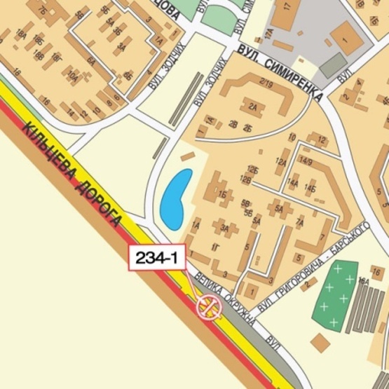 Схема рекламної площини за адресою Кольцевая дорога, напротив супермаркета Край (на разделительной полосе, автосалон Great Wall, автосалон "Subaru", в направлении просп. Глушкова Ак.)