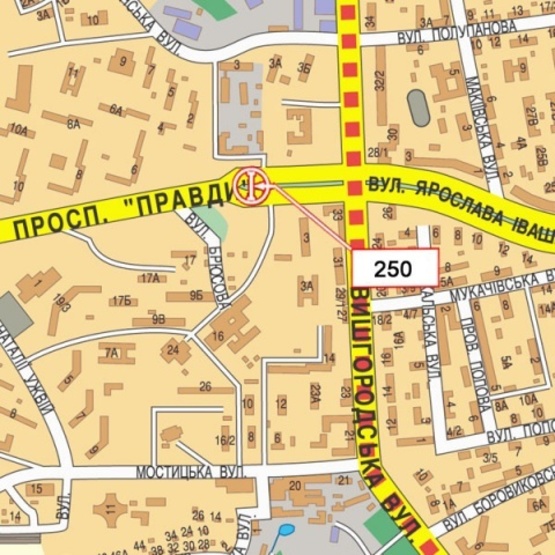 Схема рекламної площини за адресою Правды просп./Вышгородская ул. (на разделителе, АЗС "Лукойл", направление на Виноградарь)