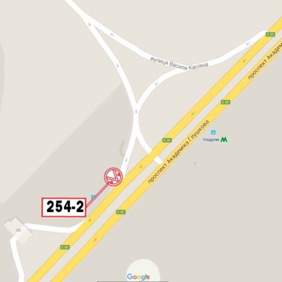 Схема рекламної площини за адресою Проспект Глушкова ст. М "Ипподром"(Выезд с ул. В. Касьяна на проспект Глушкова, направление на пл. Московскую)