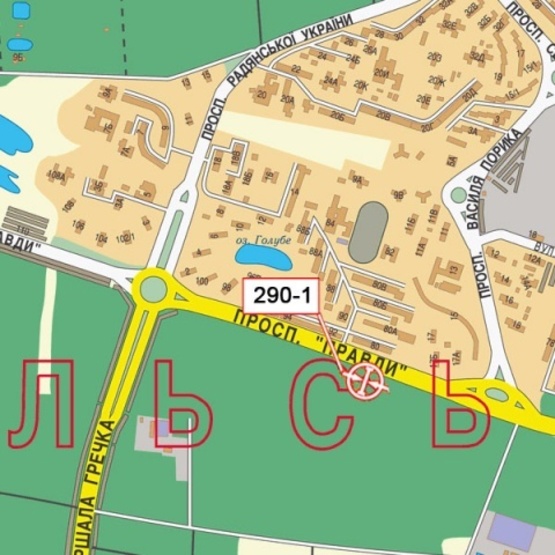 Схема рекламной плоскости по адресу Правды просп., 80 (напротив "Эко Маркет"), KIA motors ОщадБанк, УкрСибБанк, в направ. ул. С.Скляренко