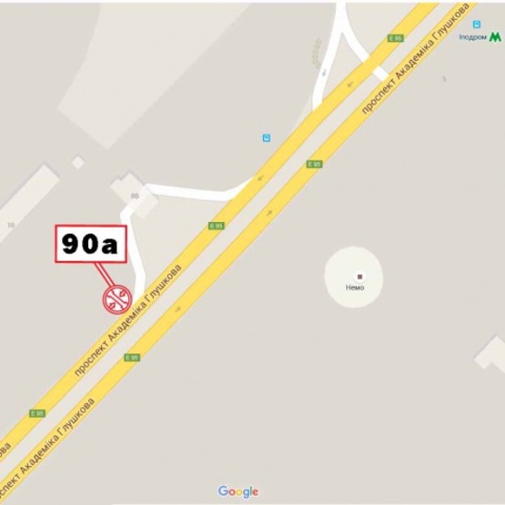 Схема рекламної площини за адресою Глушкова Ак. просп., 10, (ст м. Иподром, дельфинарий "Немо", АЗС "Золотой гепард"), в направ. Одесской пл.