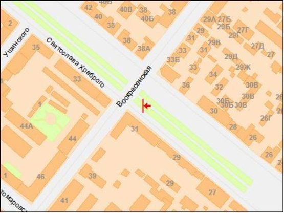 Схема рекламної площини за адресою Святослава Храброго ул. - Воскресенская ул., в центр Схема рекламної площини за адресою Святослава Храброго ул. - Воскресенская ул., в центр