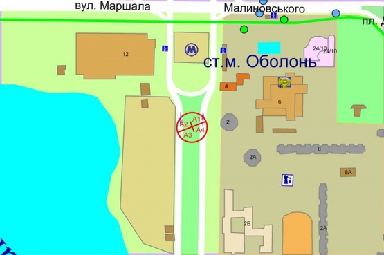 Схема рекламной плоскости по адресу Оболонский проспект, 2 (разделитель), по ходу от Метро"Оболонь" через 100м к Петровке