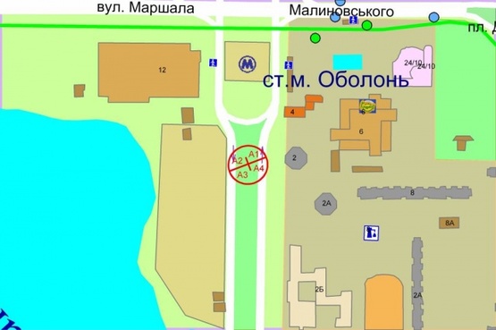 Схема рекламной плоскости по адресу Оболонский проспект, 2 (разделитель), по ходу от Петровки за 100м к  Метро"Оболонь"
