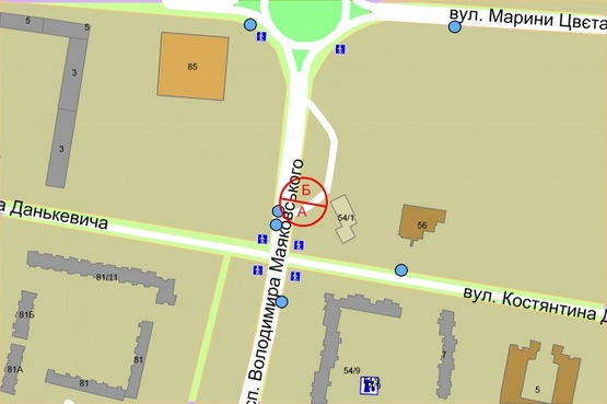 Схема рекламної площини за адресою Володимира Маяковського проспект, 54 (за 150 метрів до вул. Марини Цвєтаєвої)