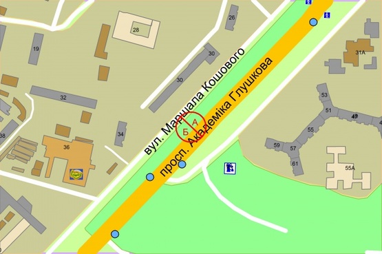 Схема рекламної площини за адресою Глушкова Академіка проспект, 30 (рух на в'їзд до Киева), ліворуч