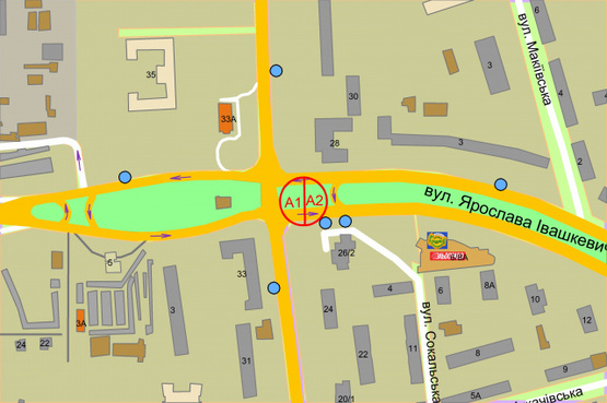 Схема рекламної площини за адресою Івашкевича Ярослава /  Вишгородська, (розподілювач) рух в напрямку проспекту Правди