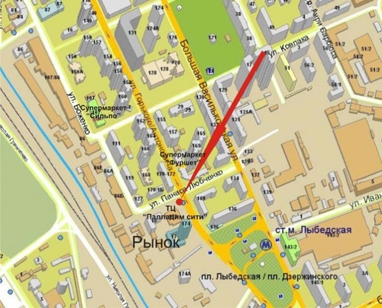 Схема рекламної площини за адресою Ул.Горького (Антоновича)/Любченко(А)призма2 ТЦ Окен Плаза