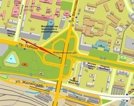 Схема рекламної площини за адресою Пр.Победы,9а/Возд.мост (со стор. Дворца бракосочет)-призма пл.1