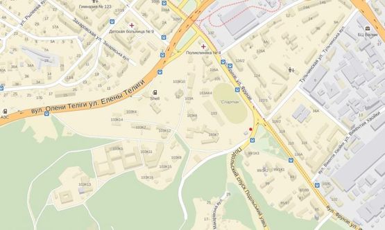 Схема рекламной плоскости по адресу Подольский спуск, поворот на Врублевский спуск, возле стадиона Спартак (светофор) Схема рекламной плоскости по адресу Подольский спуск, поворот на Врублевский спуск, возле стадиона Спартак (светофор)