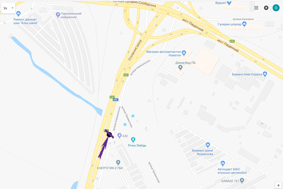 Схема рекламної площини за адресою Столичне шосе, 200 м в’їзд на Південний міст, навпроти АЗС ТНК, напр. в центр