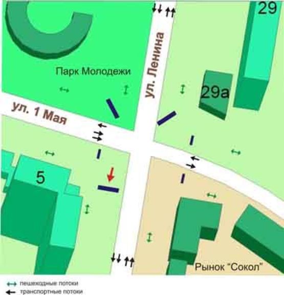 Схема рекламної площини за адресою перекрёсток пр.Мира, ул.1Мая, №44-А1