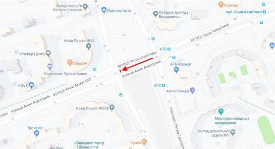 Схема рекламної площини за адресою Ахматової вул. на розподільчій смузі / Григоренка пр. у напрямку Дніпровської набережної Схема рекламної площини за адресою Ахматової вул. на розподільчій смузі / Григоренка пр. у напрямку Дніпровської набережної