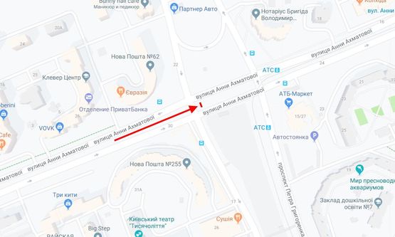 Схема рекламної площини за адресою Ахматової вул. на розподільчій смузі / Григоренка пр. у напрямку вул. Тростянецька