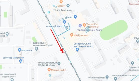 Схема рекламной плоскости по адресу Драйзера Теодора вул., 7 у напрямку вул. Закревського Схема рекламной плоскости по адресу Драйзера Теодора вул., 7 у напрямку вул. Закревського