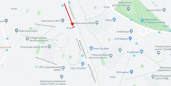 Схема рекламної площини за адресою Ревуцького вул., 30/1/вул. Олійника у напрямку ст.м. Харківська