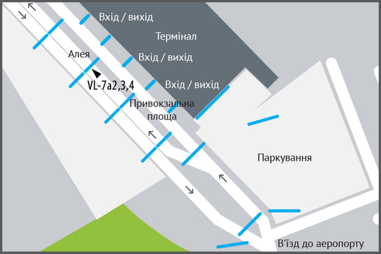 Схема рекламної площини за адресою Аеропорт «Львів» (алея перед терміналом), в'їзд Схема рекламної площини за адресою Аеропорт «Львів» (алея перед терміналом), в'їзд