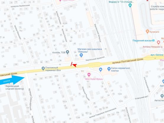 Схема рекламной плоскости по адресу Полтавский шлях ул., 88 - Рылеева ул., из центра ( VIP ) Схема рекламной плоскости по адресу Полтавский шлях ул., 88 - Рылеева ул., из центра ( VIP )