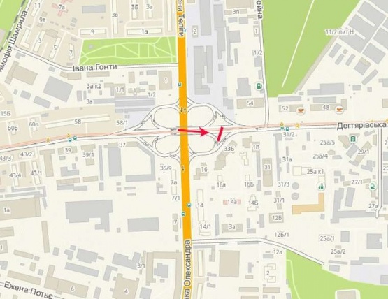Схема рекламной плоскости по адресу Дегтяревская ул., возле ул.Довженко, развязка, в центр