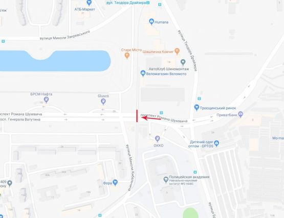 Схема рекламной плоскости по адресу Путепровод трамвайный через Ватутина пр-т на пересечении  Кибальчича ул. и Закревского, к центру (слева)