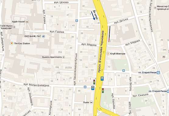 Схема рекламної площини за адресою Чорновола, 4 (м.5) статуправління, клуб " Малевич"