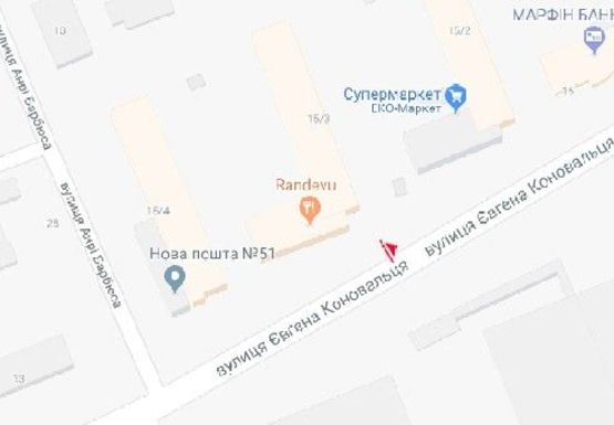 Схема рекламної площини за адресою Коновальца ул., 15 (бывш. Щорса ул.) - Анри Барбюса ул. (BackLit)