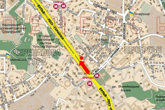 Схема рекламной плоскости по адресу Украинки бул., 15 / Немировича-Данченка ул., возле магазинов "Интертоп", "Миратон"