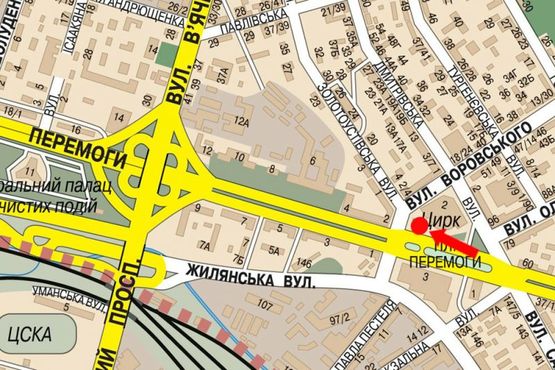 Схема рекламной плоскости по адресу Победы пл., напротив Цирк, из центра