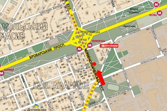 Схема рекламної площини за адресою Гагарина пр., 21-А, возле АЗС "ТНК", супермаркета "Новус", ресторана "КФС", в сторону ст. м. "Черниговской"