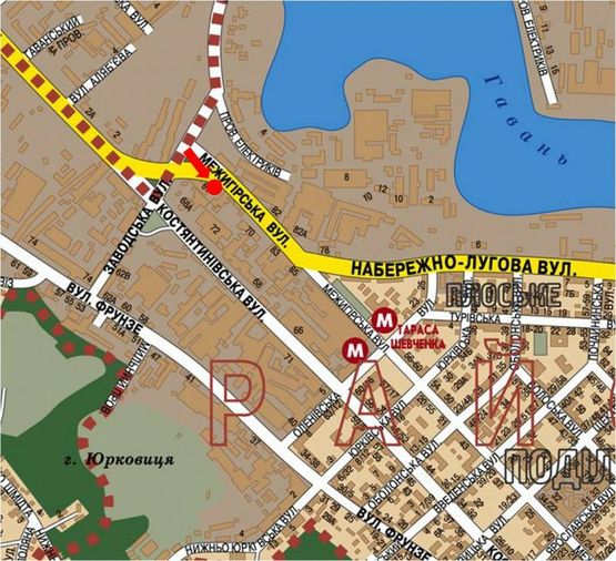 Схема рекламної площини за адресою Межигорская ул., 87, в сторону Набережно-Луговая ул.