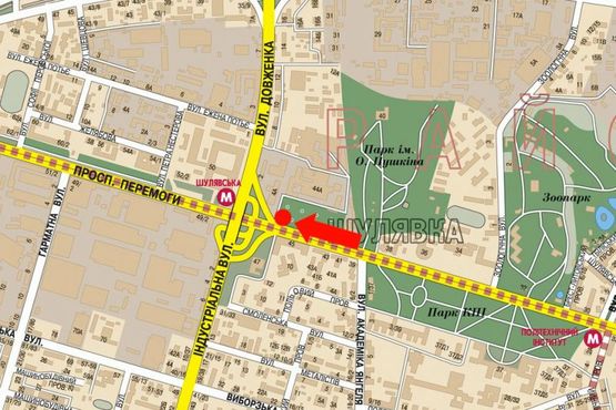 Схема рекламной плоскости по адресу Победы пр., 44, возле киностудии им. Довженко, напротив супермаркетов "Эльдорадо", "Сильпо", в сторону ст. м. "Шулявская"