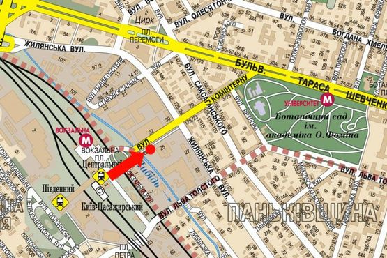Схема рекламної площини за адресою Петлюры ул., 29, возле ЖД вокзала, в сторону Жилянская ул. Схема рекламної площини за адресою Петлюры ул., 29, возле ЖД вокзала, в сторону Жилянская ул.