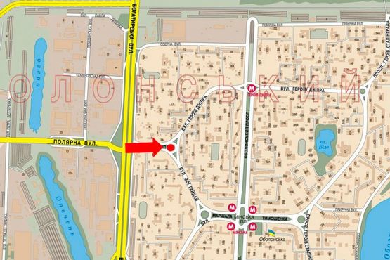 Схема рекламной плоскости по адресу Героев Днепра ул. / Гайдай ул., разделительная клумба, в сторону Оболонский пр.