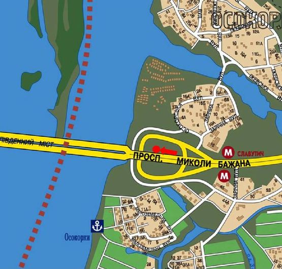 Схема рекламної площини за адресою Бажана пр., возле мост Южный , в сторону Надднепрянское шоссе, левая