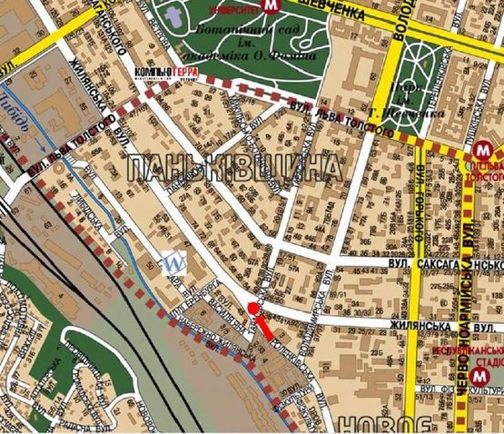 Схема рекламной плоскости по адресу Короленковская ул. / Жилянская ул., разделитель, в сторону Саксаганского ул.