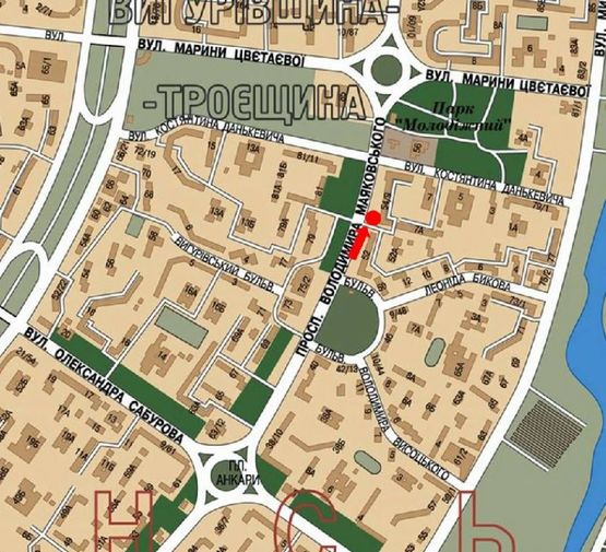 Схема рекламної площини за адресою Маяковского пр., 54/9 / Данькевича ул., напротив супермаркета "Billa", в сторону Цветаевой ул.