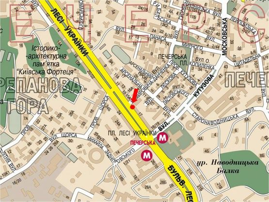 Схема рекламной плоскости по адресу Украинки бул., 17, выезд с ул. Немировича-Данкевича в сторону Украинки бул.