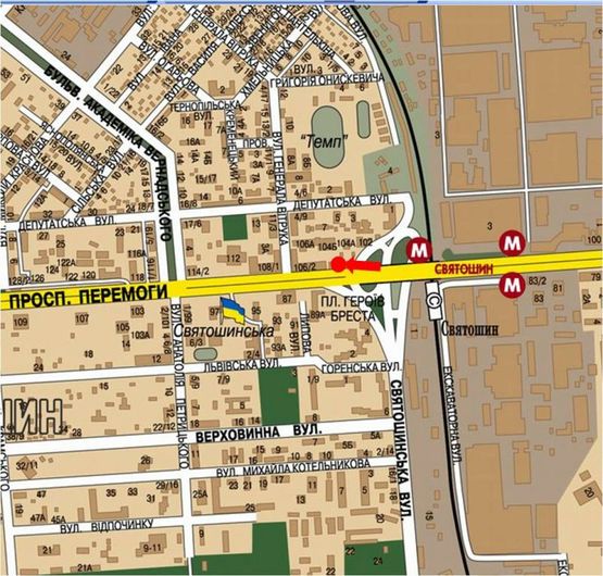 Схема рекламной плоскости по адресу Победы пр., 104, напротив супермаркетов "Сильпо", "Фокстрот", ст. м. "Святошин", из центра