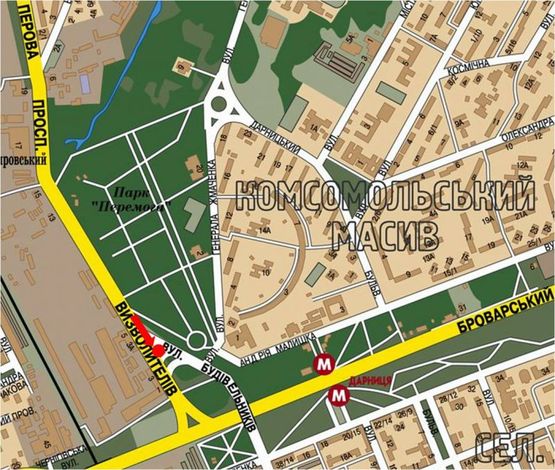 Схема рекламной плоскости по адресу Освободителей пр., 3А, напротив, разделитель, в сторону Броварской пр.