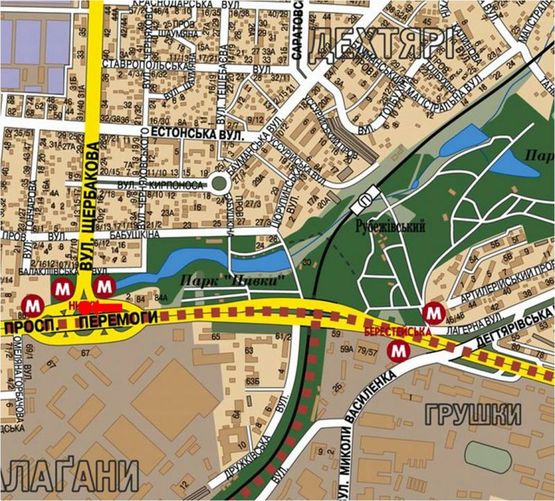Схема рекламной плоскости по адресу Победы пр., ст. м. "Нивки", возле боулинг клуба "Страйк", в сторону Щербаковского ул. (бывш. Щербакова ул.)