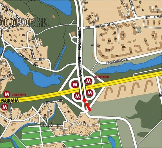 Схема рекламної площини за адресою Днепровская Набережная / Бажана пр., мост, разделитель, ст. м. "Осокорки", в сторону Днепровская Набережная