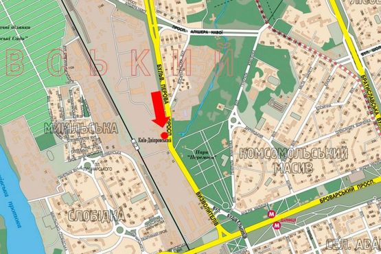 Схема рекламної площини за адресою Освободителей пр., 17, возле супермаркетов "Фокстрот" и "Эльдорадо", в сторону Броварской пр.